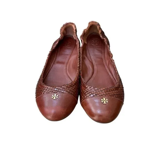 Tory Burch York Brown Leather Python Scale Cap Toe Ballet Flats Sz 8 - Picture 2 of 7